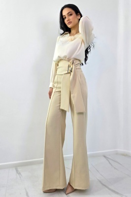 pantaloni crem palazzo cu structura clara si material elastic 