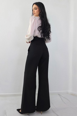 Pantaloni lungi, croi evazat Liora, cu inchidere wrap metalica, Negru