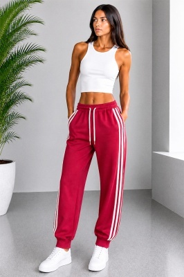Pantaloni lungi de damă ZINNIA, cu benzi laterale si snur, ROSU