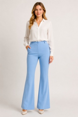 Pantaloni office Katte, croiala slim evazata si talie inalta, Baby Blue