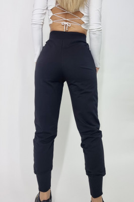 Pantaloni sport Bloston, cu talie inalta si corset, Negru5