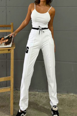 Pantaloni sport Frank, cu snur stilizat, logo si talie elastica oversize, Alb 3