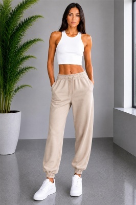 Pantaloni sport Lorenza, cu snur si mansete elastice, Crem