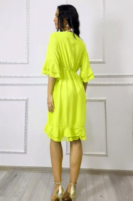 Rochie midi de plaja Amber Muse, cu volane si snur reglabil, Galben detaliu spate