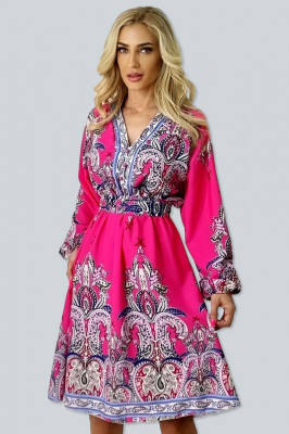 Rochie baby doll Esmeray, cu maneci bufante si imprimeu in stil baroc, Roz inchis2