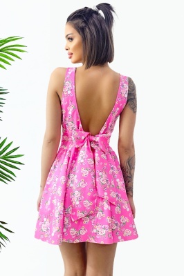 Rochie babydoll MARA, cu funda la spate si imprimeu floral, Roz, Marime S/M/L spate