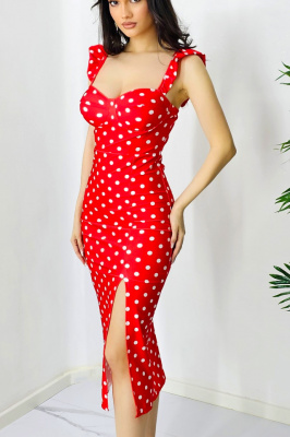 Rochie bodycon Ditsy, slit adanc si imprimeu cu buline, Rosu, rochita superba