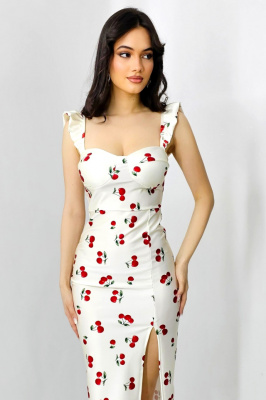 Rochie bodycon Ditsy, slit adanc si imprimeu cu cirese, Alb, detaliu