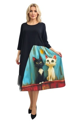 rochie midi cu imprimeu pisica neagra si flori