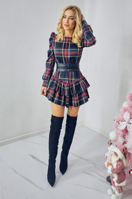 Rochie Chira cu volane si umeri bufanti, in carouri, Bleumarin, Marime S/M 1