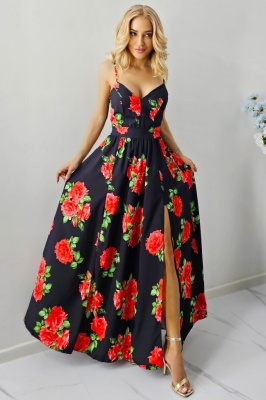 Rochie cocktail Fernanda, croi semidecupat si funda la spate, Black Roses, Marime S/M/L 3