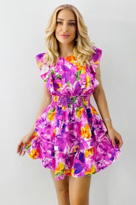 Rochie cu imprimeu floral Cezarina, croi scurt si volane, Mov, Marime S/M 1
