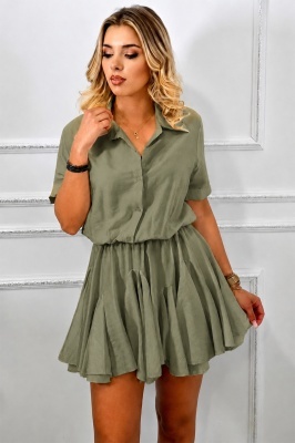 Rochie cu volane Peony Pearl, babydoll si curea inclusa, Verde KAKI, Marime S/M