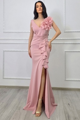 Rochie de gala ISALYN, cu siraguri de cristale in cascada si floare 3D, Roz pudrat
