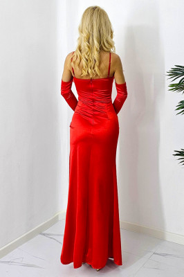 Rochie de ocazie Aneida, cu detalii din pene si crapatura petrecuta, Rosu, Marime S/M4
