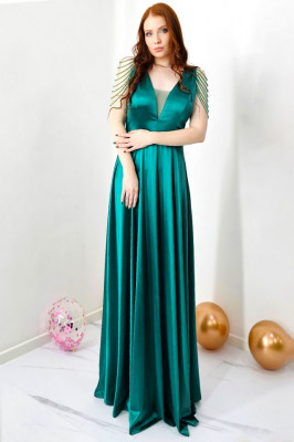Rochie de ocazie Leontina, cu textura satinata si cristale artizanale, Verde 3