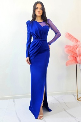 Rochie de ocazie Patricia, cu maneca lunga si detalii din tull, Albastru Royal 1