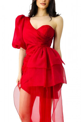 Rochie de seara Dayana, cu maneca bufanta si detaliu din organza, Rosu 1