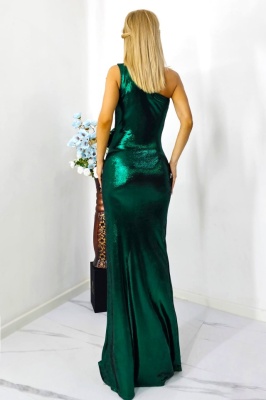 Rochie de seara, JoeLLe, cu detaliu floral si umarul gol, Verde Metalizat, Marime S/M spate