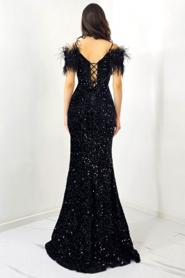 Rochie de seara Lady Marry, croi tip sirena, cu paiete si pene, Negru, Marime universala si batal spate