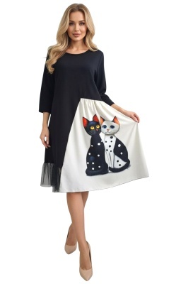 Rochie casual eleganta cu pisica decorativa si design artistic