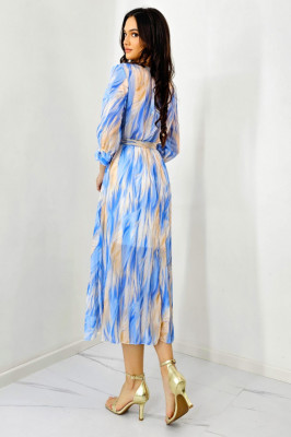Rochie de zi Fatima, croiala plisata si imprimeu pastelat, Albastru, Marime S/M spate