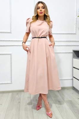 Rochie de zi SOREYA, croi bufant si curea inclusa, Roz prafuit Uni, Marimea S/M