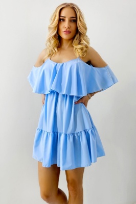 Rochie de zi StefANA, croiala scurta, decupata, cu volane, Albastru deschis, Marime S/M/L 5