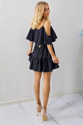 Rochie de zi StefANA, croiala scurta, decupata, cu volane, Negru, Marime S/M/L spate