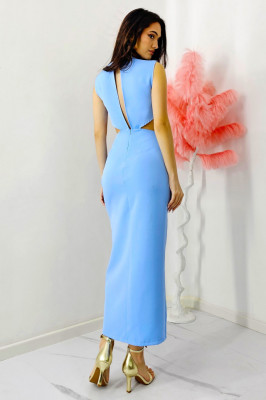 Rochie decupata Florys, croi lung cu slit si detaliu floral detasabil, Bleu, Marime M/L spate