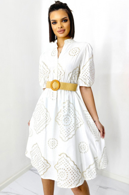Rochie din bumbac Moana, cu guler tunica si curea asortata, Alb, Marime S/M/L 5