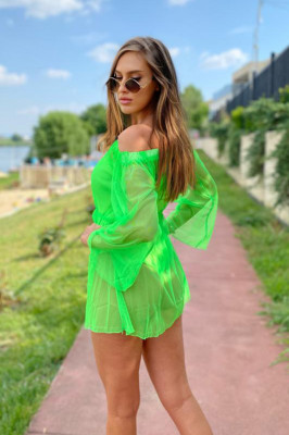 Rochie din plasa Floridas, cu maneca lunga si croiala lejera, Verde1