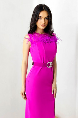 Rochie eleganta din bumbac, Naisha, cu pene naturale si crapatura laterala, Fucsia 1