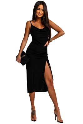 Rochie eleganta, midi, cu bretele CELYA si crapatura pe picior, Negru, Marime S/M