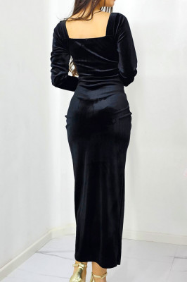 Rochie eleganta Velvet, din catifea si croiala lunga, petrecuta, Negru, Marime S/M 1
