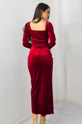 Rochie eleganta Velvet, din catifea si croiala lunga, petrecuta, Rosu bordo, Marime S/M spate