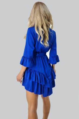 Rochie Lanvin, cu volane, maneca trei sferturi si curea inclusa, Albastru1