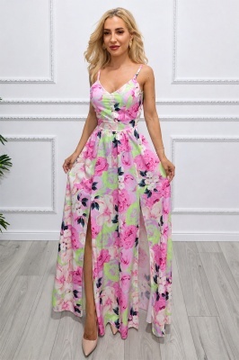 Rochie lunga Camelea, cu imprimeu floral, spatele gol si funda, PINK Peonies, Marime S/M