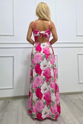 Rochie lunga Camelea, imprimeu floral, spatele gol si funda, Fucsia Rose Garden, one size detaliu spate