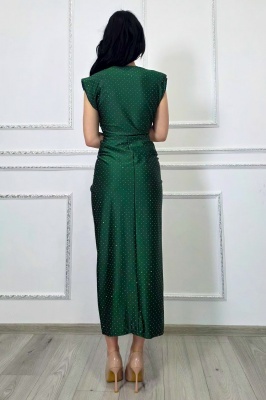 Rochie lunga cu cristale JHOSY si decolteu adanc, Verde Smarald, Marime S/M detaliiu spate