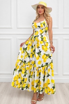 Rochie lunga in clos MELANIA, cupe buretate si imprimeu fructat, Galben, Marime S/M/L