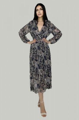 Rochie lunga Kaleya, cu textura plisata, vaporoasa si cordon in talie, Floral vintage, Antracit3