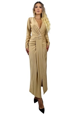Rochie lunga Nefertiti, cu fronseuri asimetrice si detalii metalice, Auriu, Marime S/M