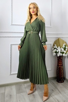 Rochie lunga plisata NOVARA, efect petrecut si revere, Verde Kaki, Marime S/M