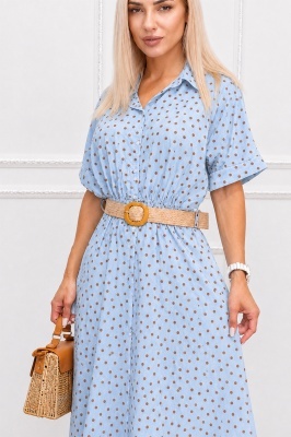 Rochie midi EVELISSE albastru deschis cu buline și curea cu efect țesut vedere față