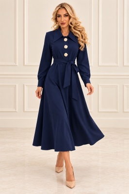 Rochie midi tip camasa OREVIA, cu cordon in talie si nasturi decorativi aurii, Bleumarin, Marime One Size S/M