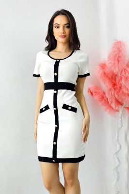 Rochie office Diana, tricot, cu buzunare decorative si maneca scurta, Alb, Marime S/M 3