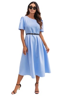 Rochie office ZALIA, croi bufant si curea subtire, Baby Blue, Marimea S/M
