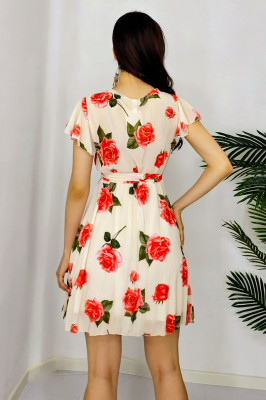 Rochie plisata Aveline, cu maneca evazata si textura vaporoasa, Crem, Marimea S/M3