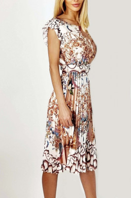 Rochie plisata Liliana, cu maneca scurta si volanase, Crem3